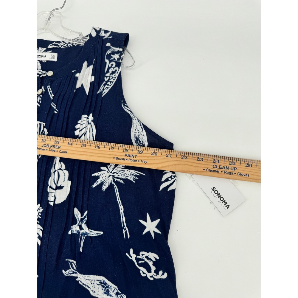 Sonoma Mini Sun Dress Women PXL New Navy Blue Tropical Linen Blend Pintuck - Picture 9 of 12